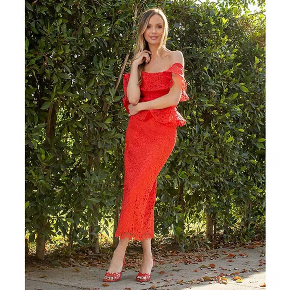 NWT Muse by Marchesa Amaryllis Lace Off-The-Shoulder Midi Dress Sz 14 - Picture 2 of 11